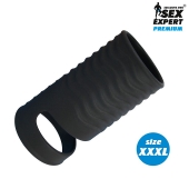 Черная открытая насадка на пенис с кольцом для мошонки XXXL-size - 9,9 см. - Sex Expert - в Нальчике купить с доставкой