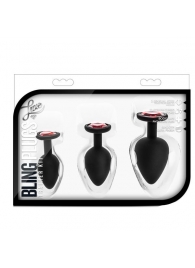 Набор черных анальных пробок с красным кристаллом-сердечком Bling Plugs Training Kit - Blush Novelties - купить с доставкой в Нальчике