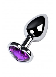 Серебристая коническая анальная пробка с фиолетовым кристаллом-сердечком - 7 см. - ToyFa - купить с доставкой в Нальчике