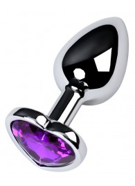 Серебристая коническая анальная пробка с фиолетовым кристаллом-сердечком - 7 см. - ToyFa - купить с доставкой в Нальчике