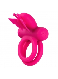 Розовое эрекционное виброкольцо Silicone Rechargeable Dual Butterfly Ring - California Exotic Novelties - в Нальчике купить с доставкой