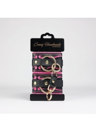 Черные кожаные наручники с розовой строчкой - Crazy Handmade - купить с доставкой в Нальчике