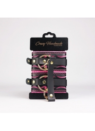 Черные кожаные оковы с розовой строчкой - Crazy Handmade - купить с доставкой в Нальчике