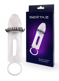 Закрытая насадка на пенис с подхватом мошонки и стимулирующими «ресничками» - Sextaz - в Нальчике купить с доставкой