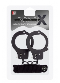 Чёрные наручники из листового металла в комплекте с веревкой BONDX METAL CUFFS LOVE ROPE SET - Dream Toys - купить с доставкой в Нальчике