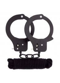 Чёрные наручники из листового металла в комплекте с веревкой BONDX METAL CUFFS LOVE ROPE SET - Dream Toys - купить с доставкой в Нальчике