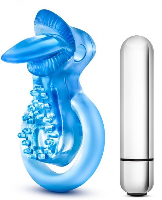 Голубое эрекционное виброкольцо 10 Function Vibrating Tongue Ring - Blush Novelties - в Нальчике купить с доставкой