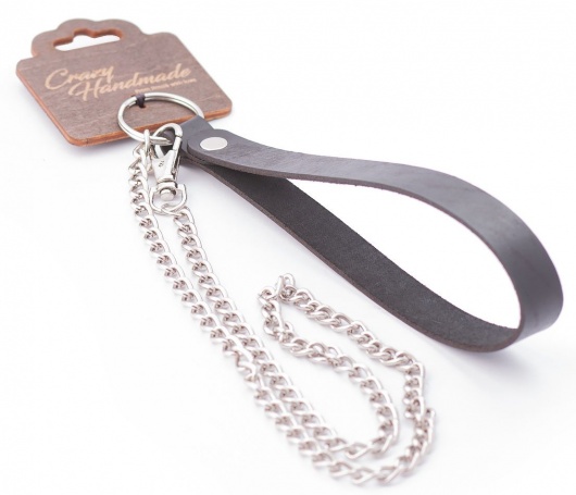Серебристый металлический поводок с кожаной черной ручкой - 80 см. - Crazy Handmade - купить с доставкой в Нальчике