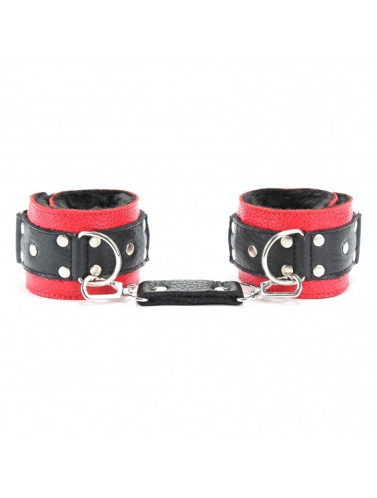 Красно-чёрные кожаные наручники с меховым подкладом - БДСМ Арсенал - купить с доставкой в Нальчике