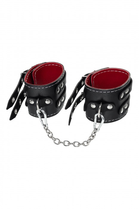 Черные кожаные оковы с двумя ремнями и красной подкладкой - Pecado - купить с доставкой в Нальчике