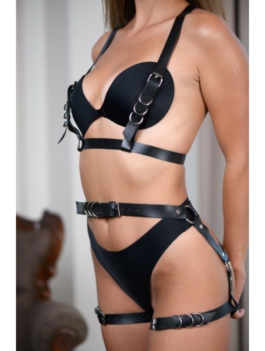 Черные гартеры из натуральной кожи с регулируемыми ремешками - БДСМ Арсенал - купить с доставкой в Нальчике