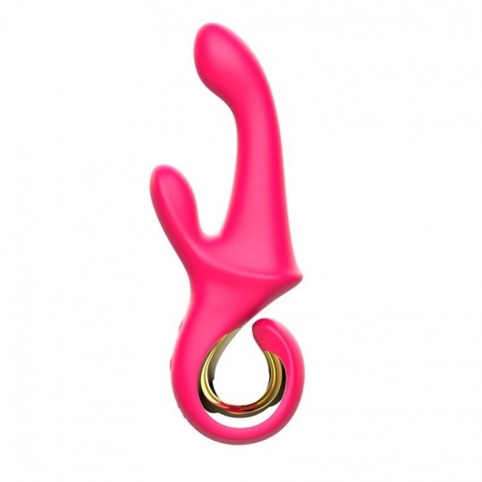 Розовый вибратор со стимулятором клитора и ручкой-кольцом - 22,6 см. - I-MOON