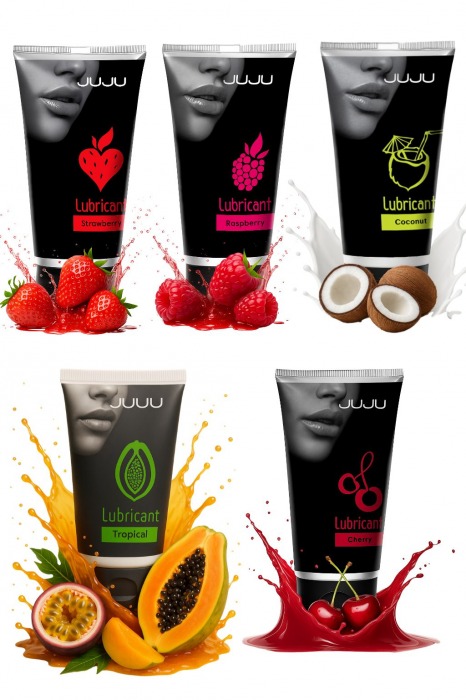 Набор из 5 съедобных лубрикантов JUJU (клубника, малина, тропические фрукты, вишня, кокос) - JuJu - купить с доставкой в Нальчике Набор из 5 съедобных лубрикантов JUJU (клубника, малина, тропические фрукты, вишня, кокос) - JuJu - купить с доставкой в Нальчике