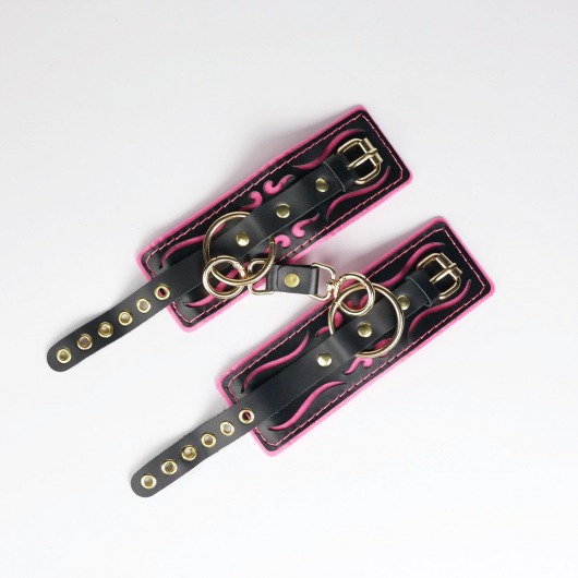 Черные кожаные наручники с розовой строчкой - Crazy Handmade - купить с доставкой в Нальчике Черные кожаные наручники с розовой строчкой - Crazy Handmade - купить с доставкой в Нальчике