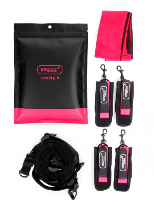 Черно-розовый эротический набор: фиксатор, оковы, наручники, повязка - Erokay - купить с доставкой в Нальчике