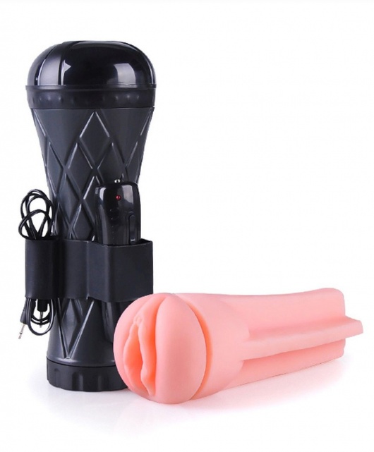 Телесный мастурбатор-вагина в черной колбе с вибрацией - Boys of Toys - в Нальчике купить с доставкой